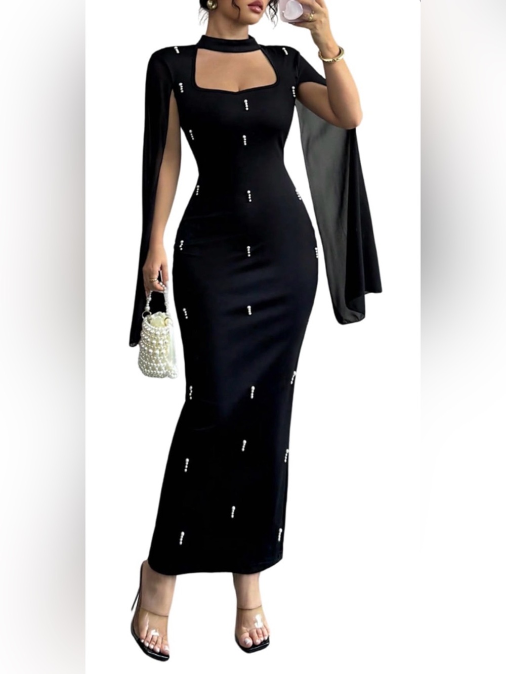 Elegant Black pearls  Column Evening Gown party dress wedding guest prom summer